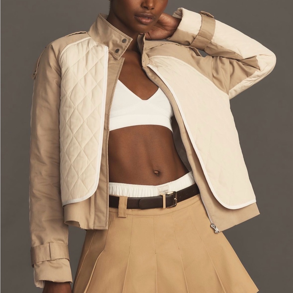 Anthropologie Two-Tone Quilted Utility Jacket in Beige and Cream